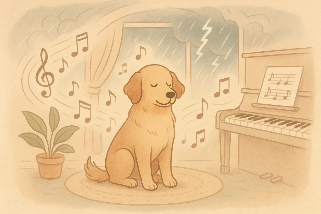 Cão sentado calmo em espaço acolhedor cercado por notas musicais que representam música para acalmar cachorro durante tempestade