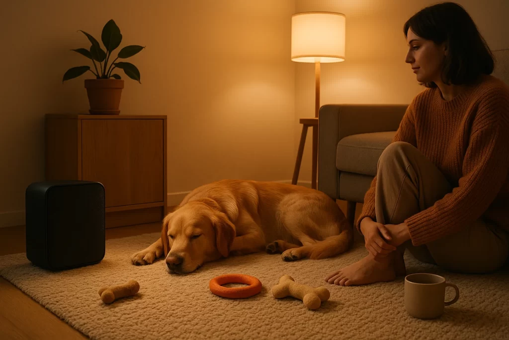 Cena de rascunho automático de um cão tranquilo em um cômodo sereno com música e elementos acolhedores