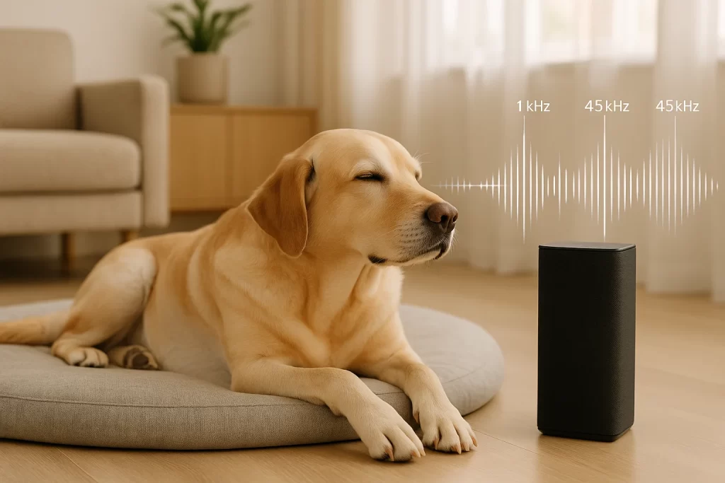 Imagem de um cachorro tranquilo em ambiente minimalista, ouvindo música para cachorro com ondas sonoras visíveis até 45 kHz
