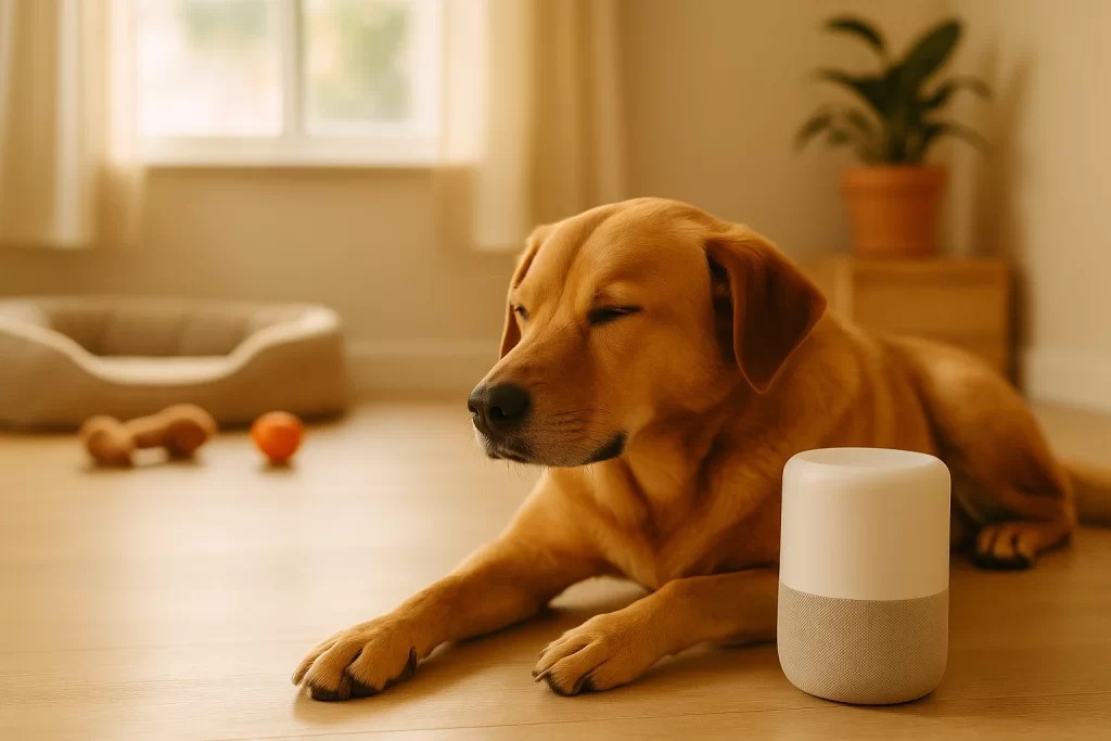 Imagem de capa mostrando um cão tranquilo ouvindo musica para cachorro, ambiente calmo e bem iluminado