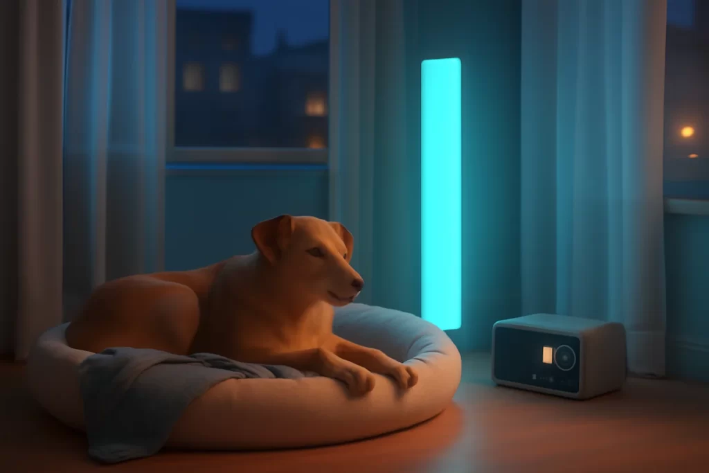 Cena 3D de um cão deitado em cama acolhedora com luz azulada, rádio tocando musica para cao dormir em ambiente urbano tranquilo
