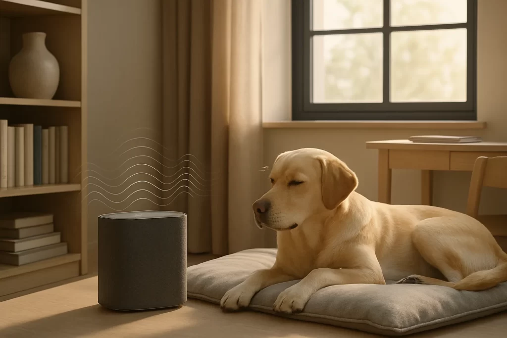 Renderização de um ambiente moderno com um cachorro deitado sobre uma almofada, ouvindo musica para cao dormir emitida por um dispositivo de som.
