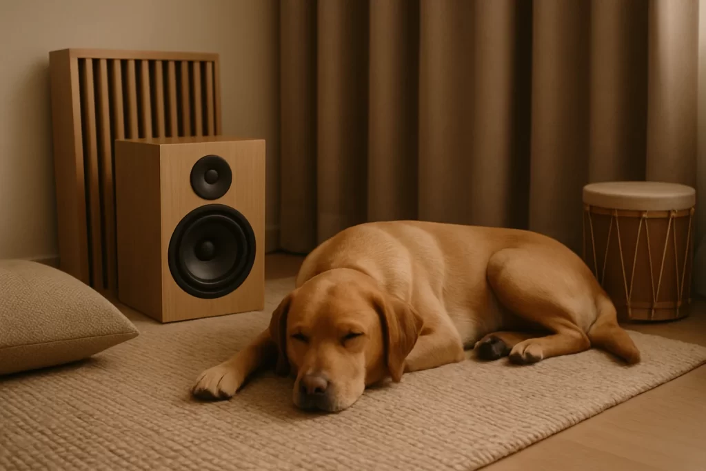 Imagem de um cachorro relaxado em um cômodo confortável com caixa de som, ideal para musica para relaxar cachorro