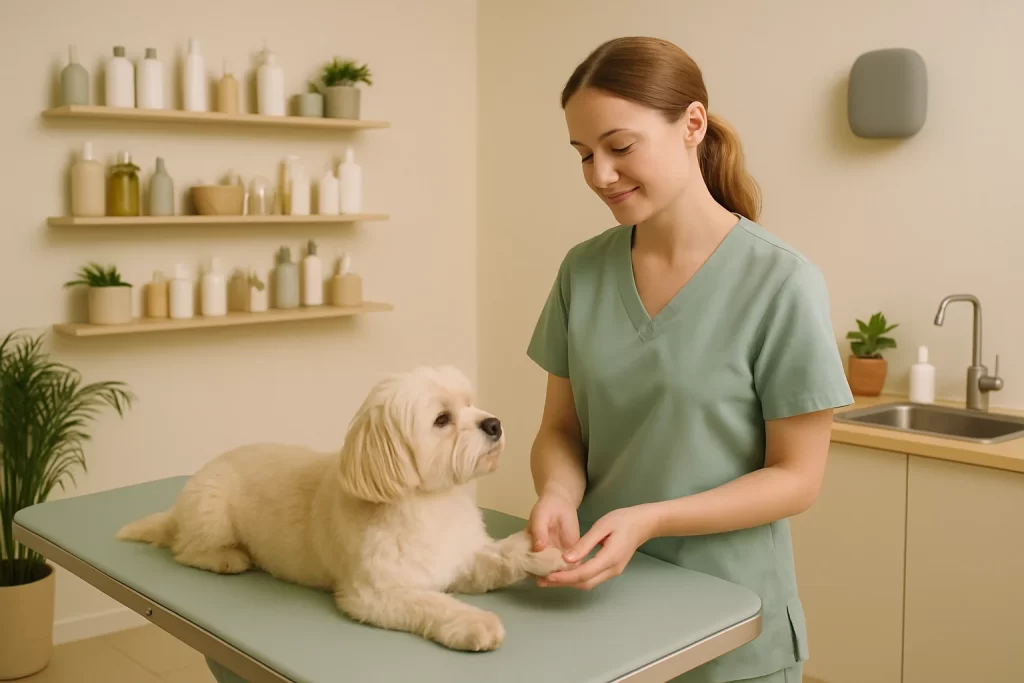 Cores suaves na sala de banho e tosa, com profissional cuidando de cachorro ao som de musica para relaxar cachorro