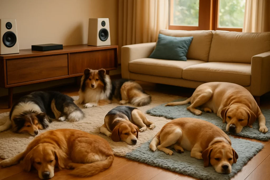 Imagem realista de cães relaxando em sala de estar com música para relaxar cachorros, tapetes macios e iluminação suave