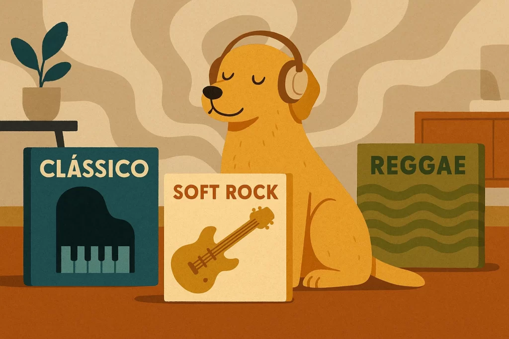 Cão amigável com fones de ouvido rodeado por blocos de estilos musicais calma para cachorro: clássico, soft rock e reggae