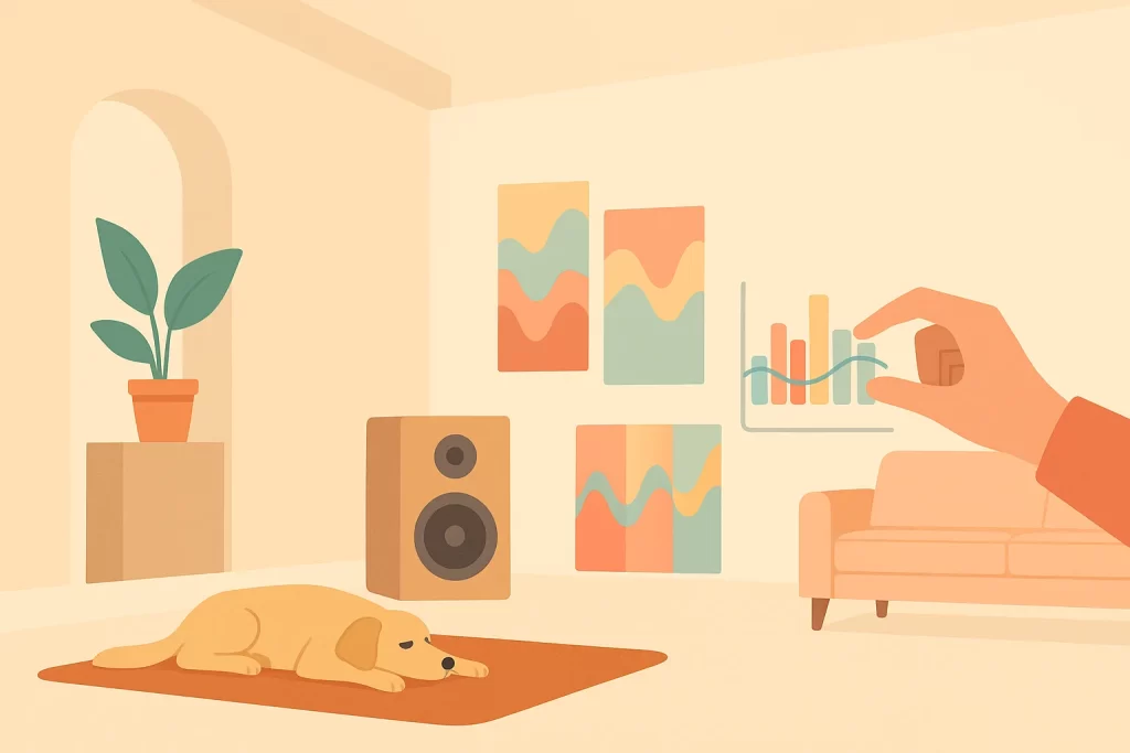 Ilustração de sala com cachorro, caixa de som e ondas sonoras, retratando musics para cachorro em cores suaves.