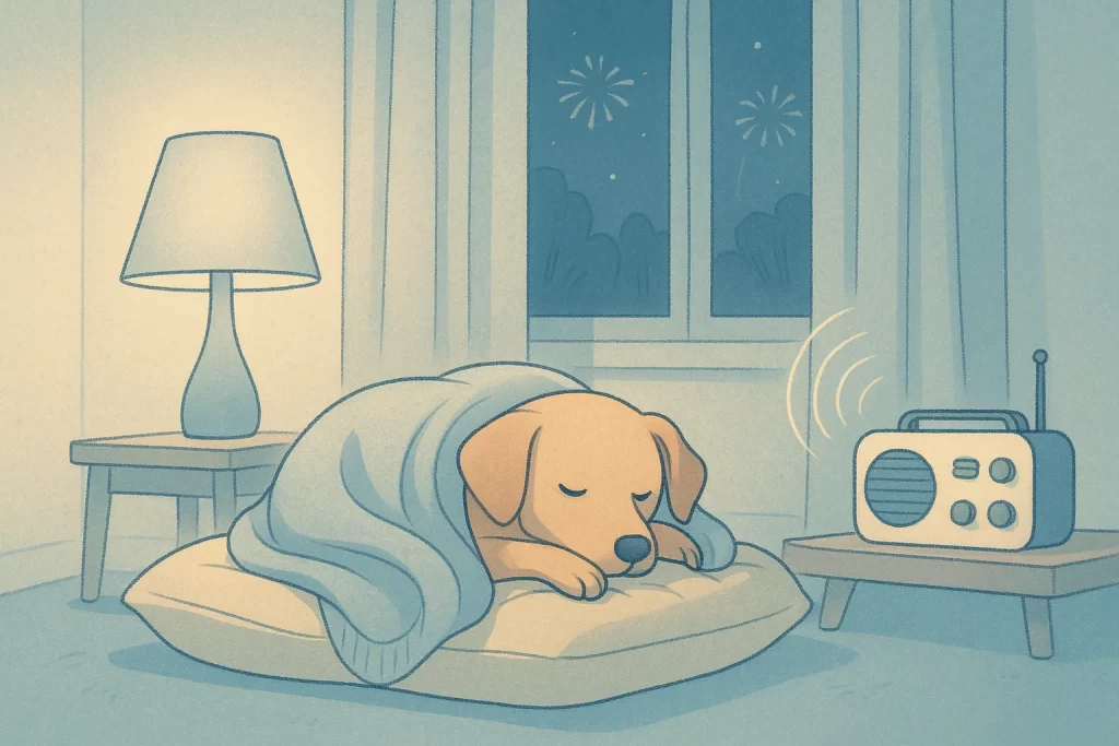 Cena ilustrada com música para cachorro dormir, mostrando um cão calmo em ambiente acolhedor com ondas sonoras visíveis