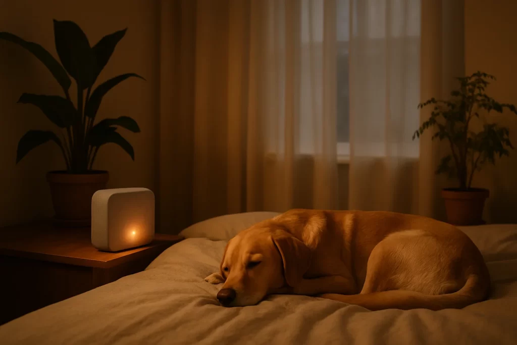 Cachorro repousando em cômodo calmo com música para cachorro dormir, luz suave e elementos naturais.