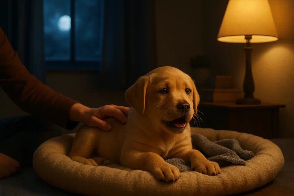 Filhote de cachorro dormindo tranquilo na caminha à noite